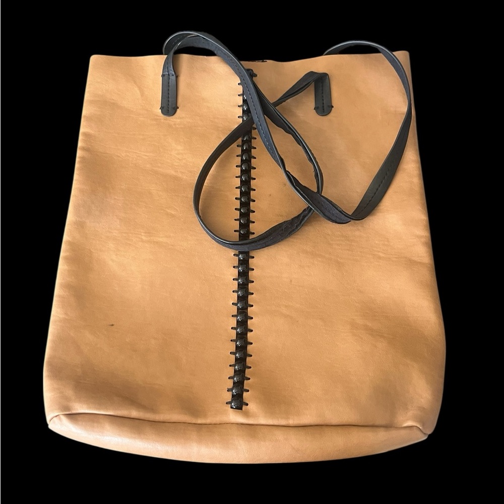 Grace Roberts Tan Leather Satchel with Black Accents